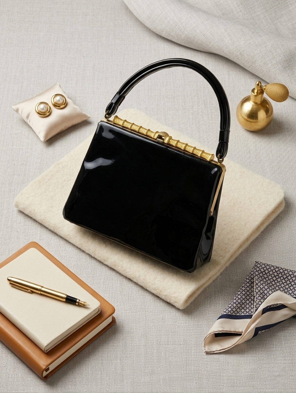 VINTAGE 1960s Rover USA Black Patent Leather Frame Bag - Gold Bamboo